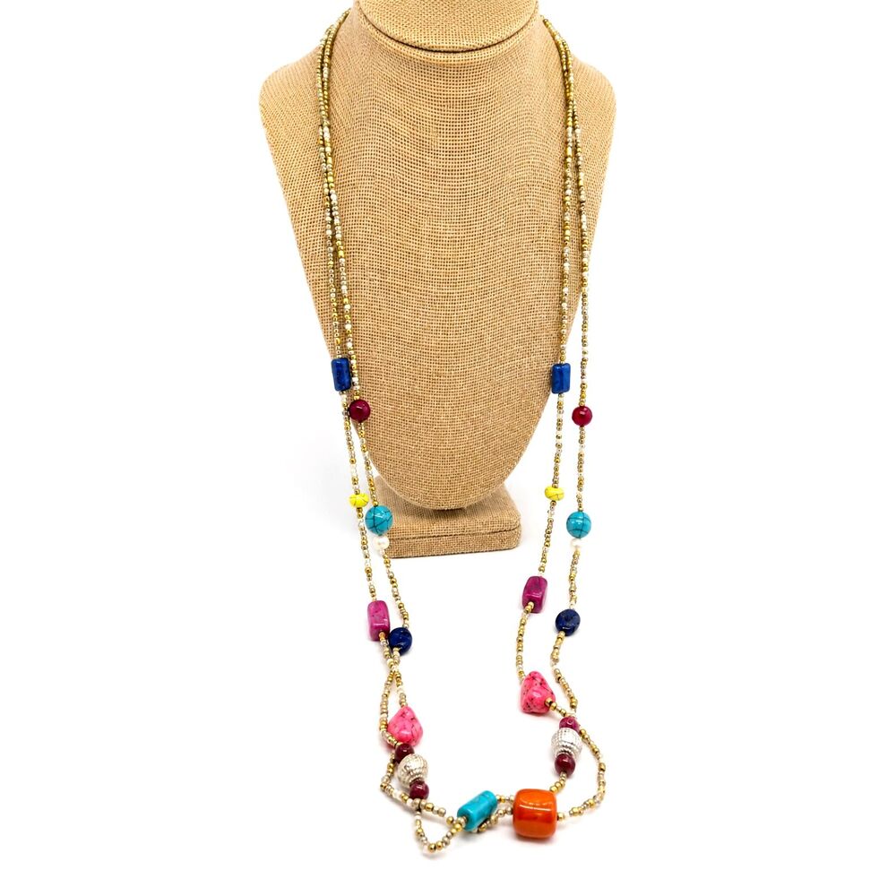 Chico's Necklace Bead Multi Strand Colorful Gemstone Ceramic Boho Statement Long